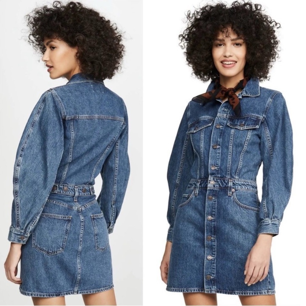 NWT AGOLDE x ANTHROPOLOGIE Denim Mini Dress Balloon Sleeves Size 12 - Picture 3 of 11